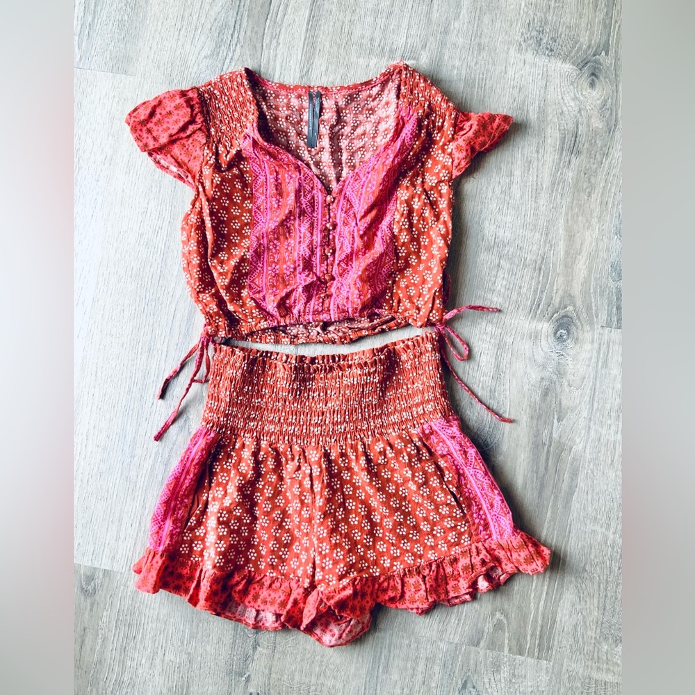 Anthropologie Floral Smocked Crop Top & Shorts Set XS
